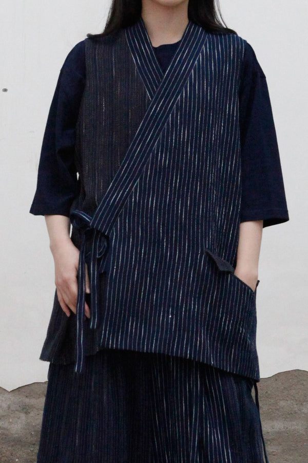 AVIVA JIFEI XUE Kimono Collar Patchwork Tank Top S22-KPV Indigo Stripe